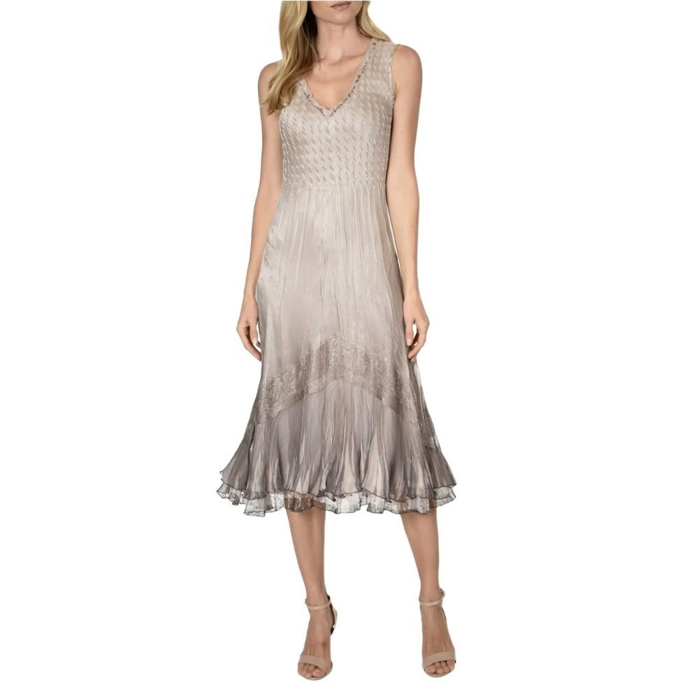 Komarov Dress XL Sleeveless V Neck Tulle Sheer Beaded Elegant Minimal Slip Brown